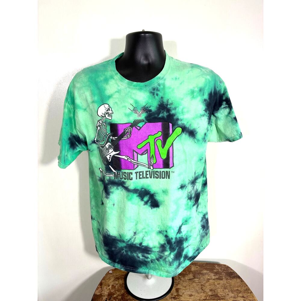 MTV Skeleton Guitar Tie Dye T-Shirt Green Black Large